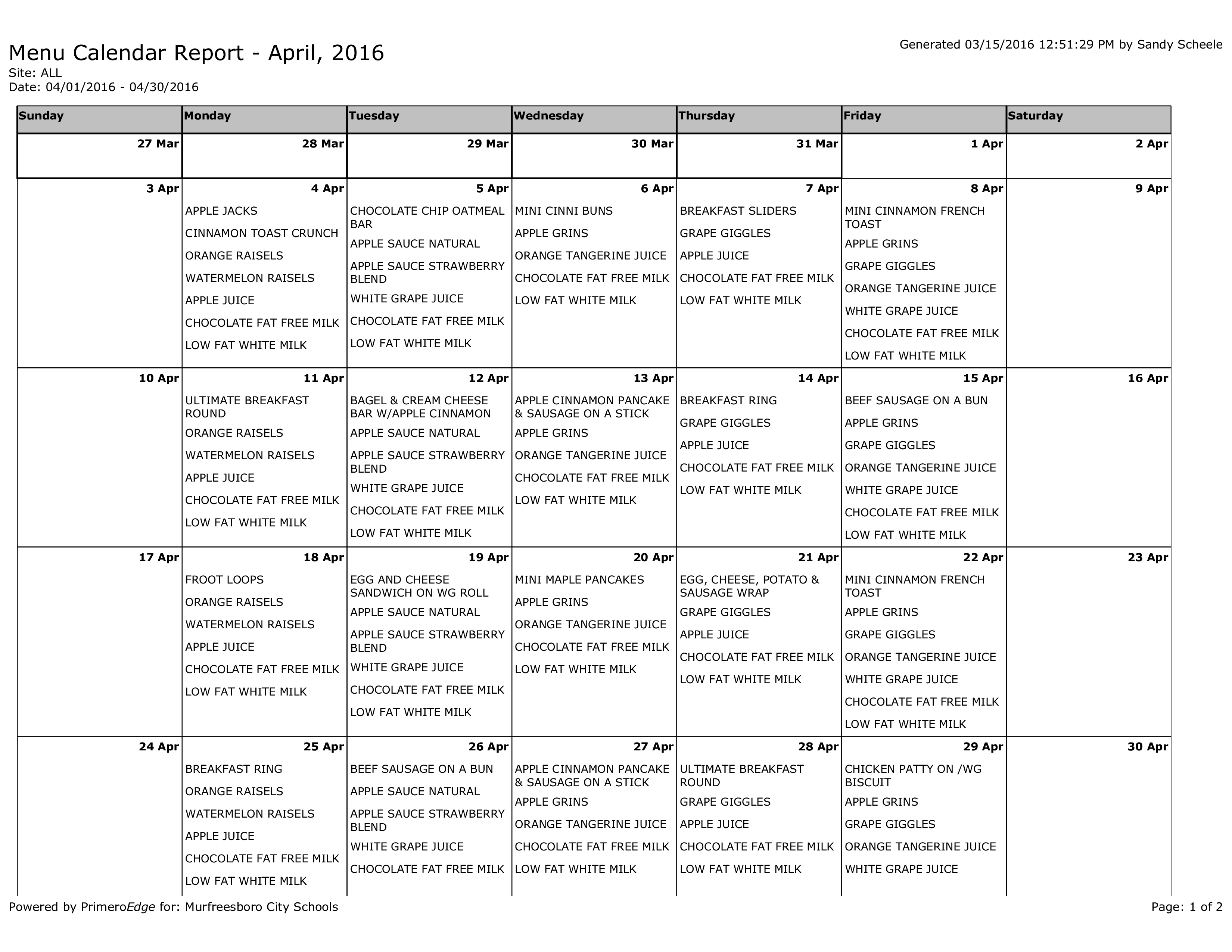 weekly menu calendar report Hauptschablonenbild