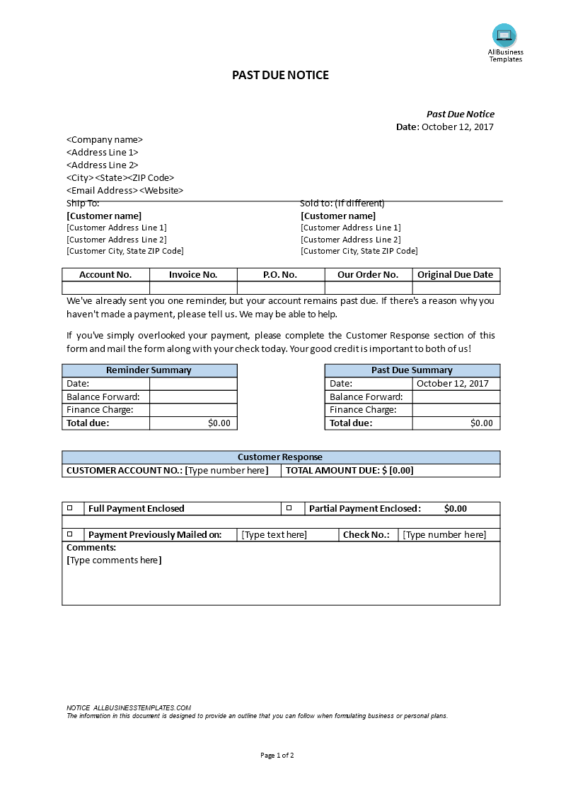 Past Due Notice Templates at