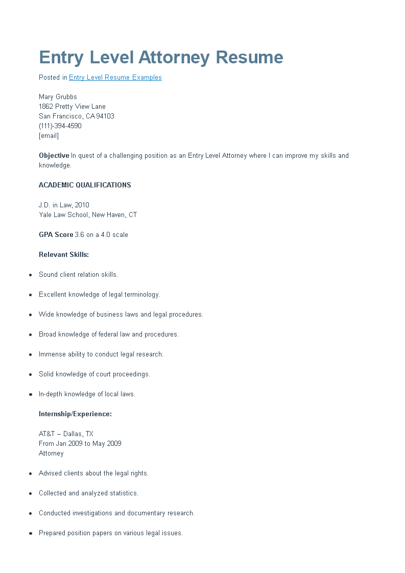 Entry Level Attorney Resume 模板