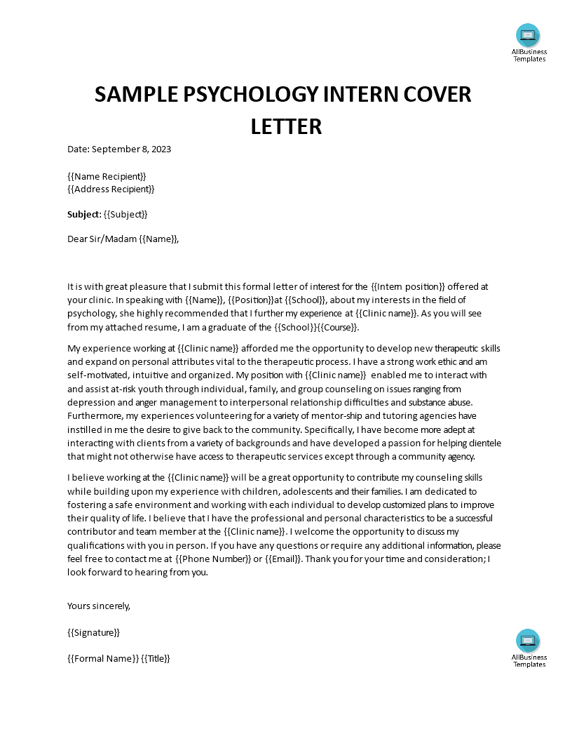 Kostenloses Psychology Internship Cover Letter