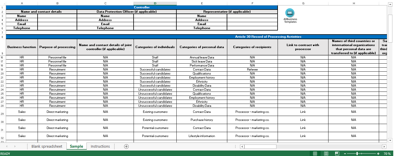 gdpr documentation controller spreadsheet voorbeeld afbeelding 