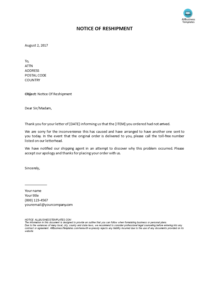 notice of reshipment letter plantilla imagen principal