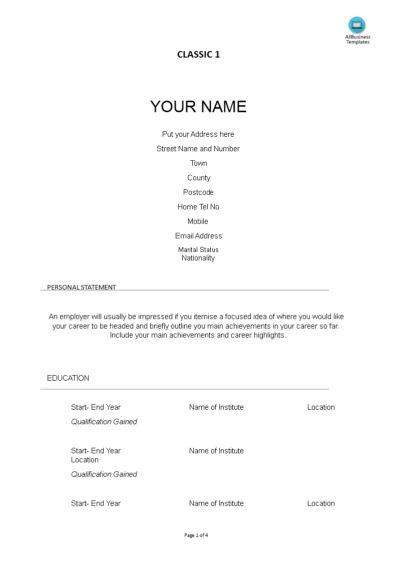 classic resume 1 template