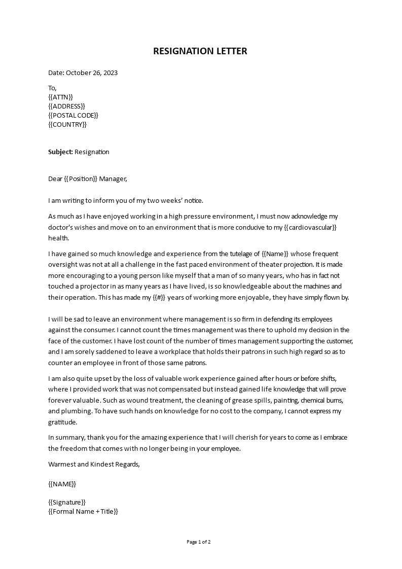 polite resignation letter format template