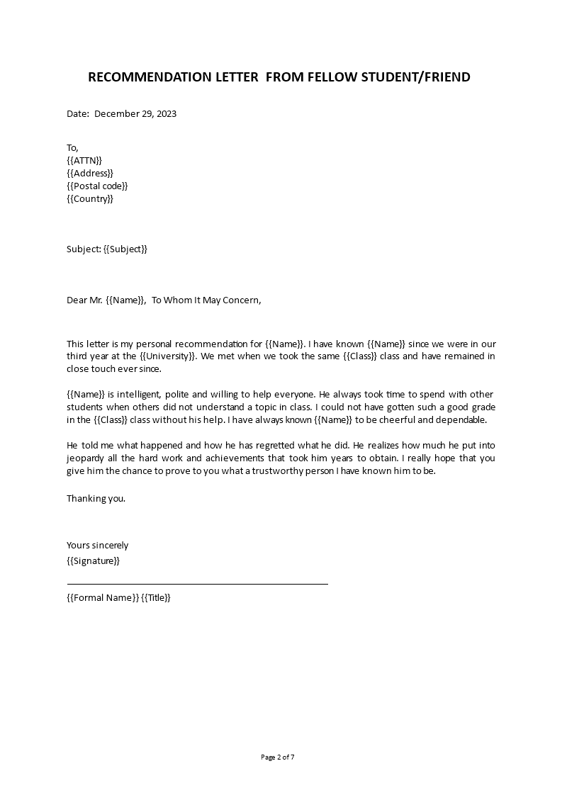 sample recommendation letter from a friend template