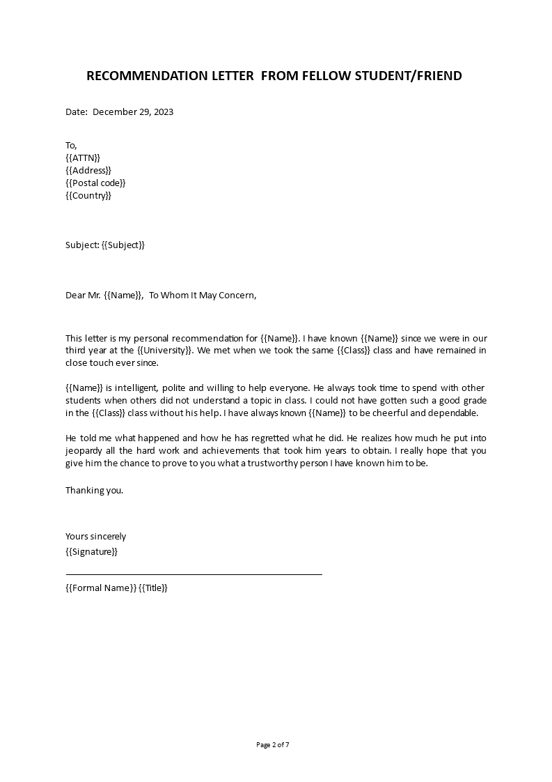 sample recommendation letter from a friend plantilla imagen principal