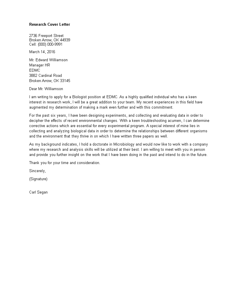 cover letter for research director