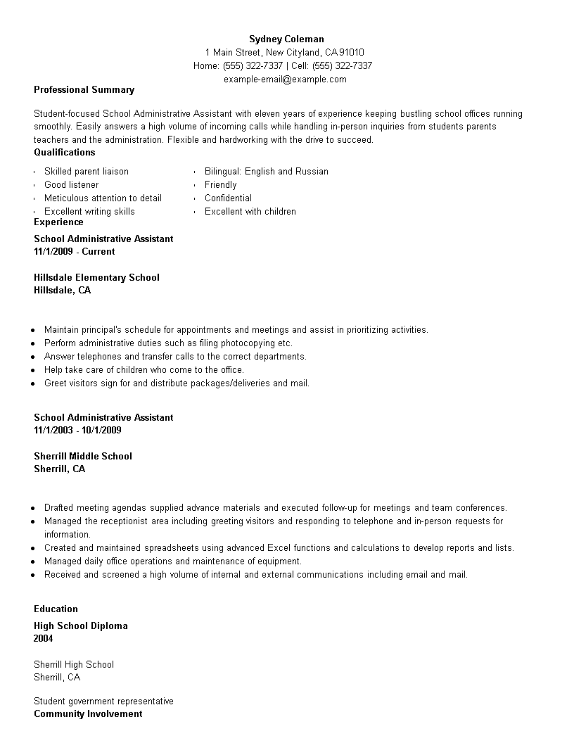 school administration officer resume modèles