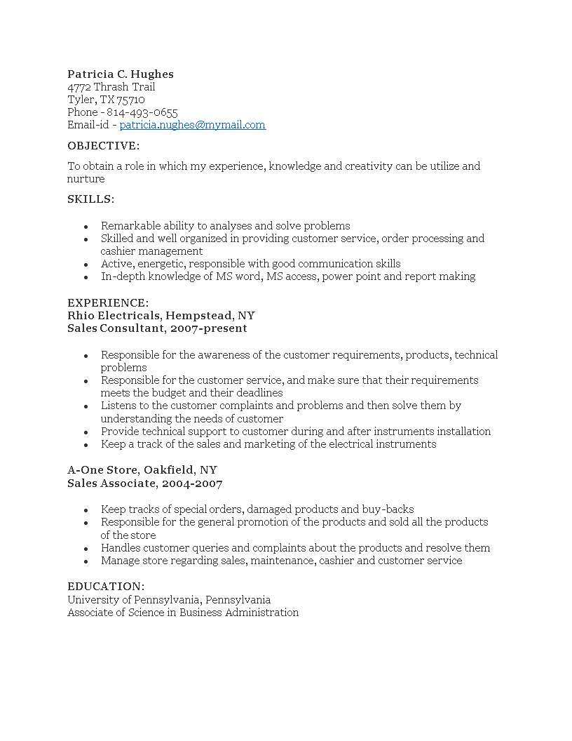 Sales Consultant Job Resume main image