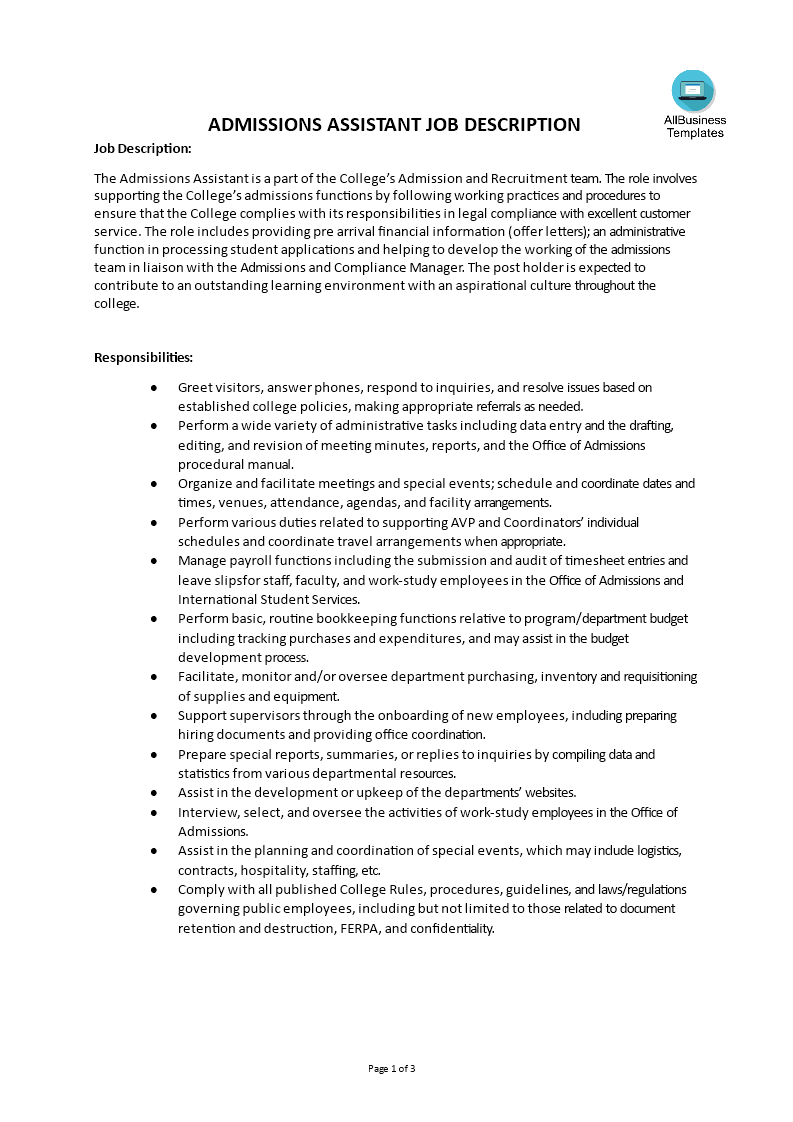 admissions assistant job description template