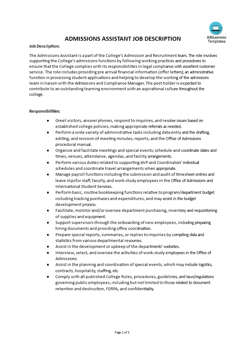 Admissions Assistant Job Description main image