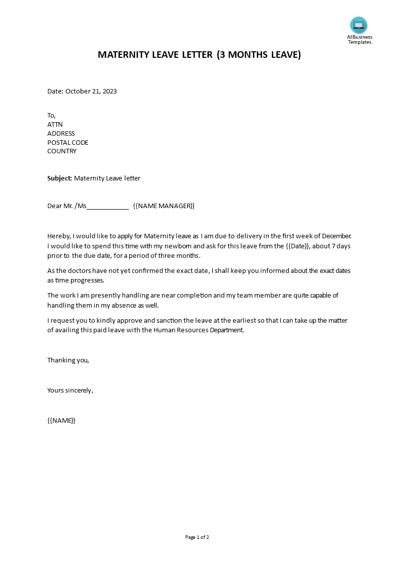 application letter for maternity leave sample