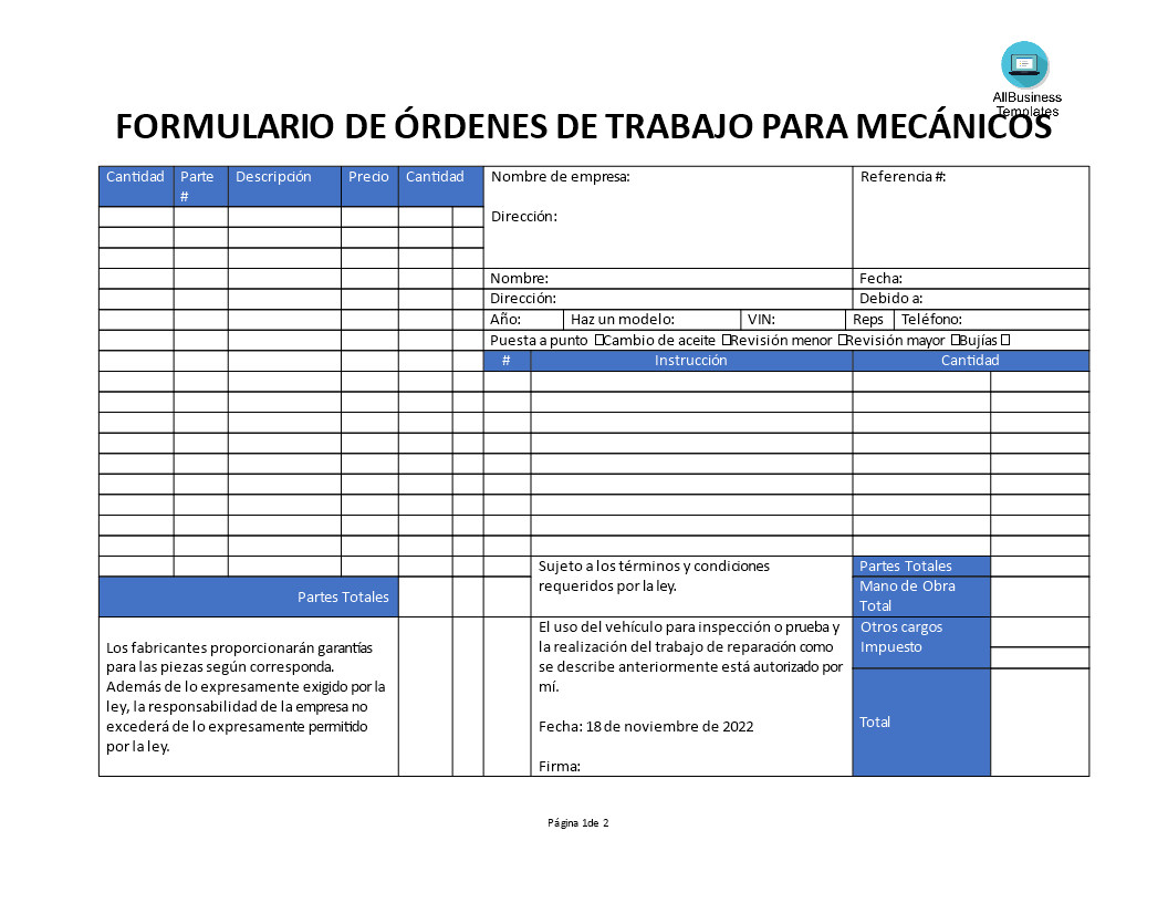 Formularios de Órdenes de Trabajo para Mecánicos 模板