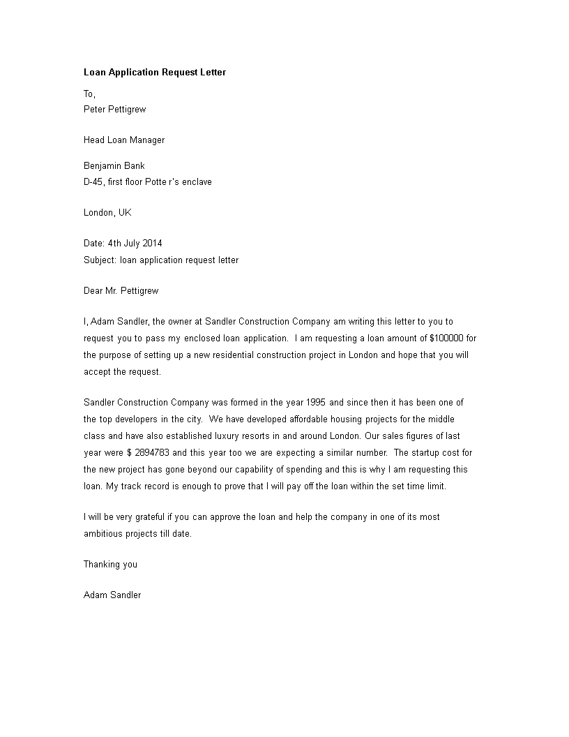 application letter to request for a loan