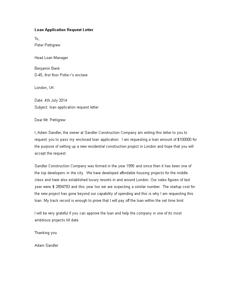 business loan application letter