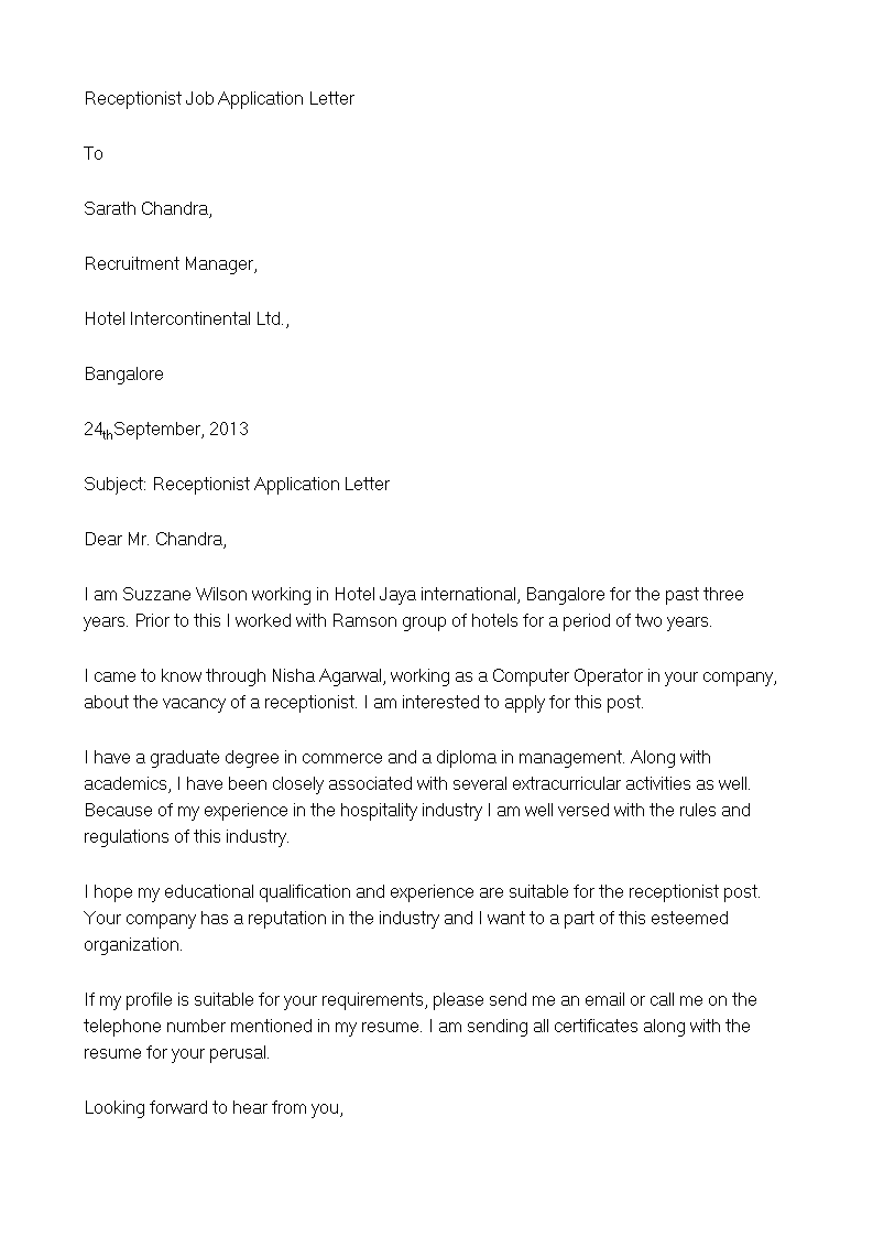 receptionist job application letter example template