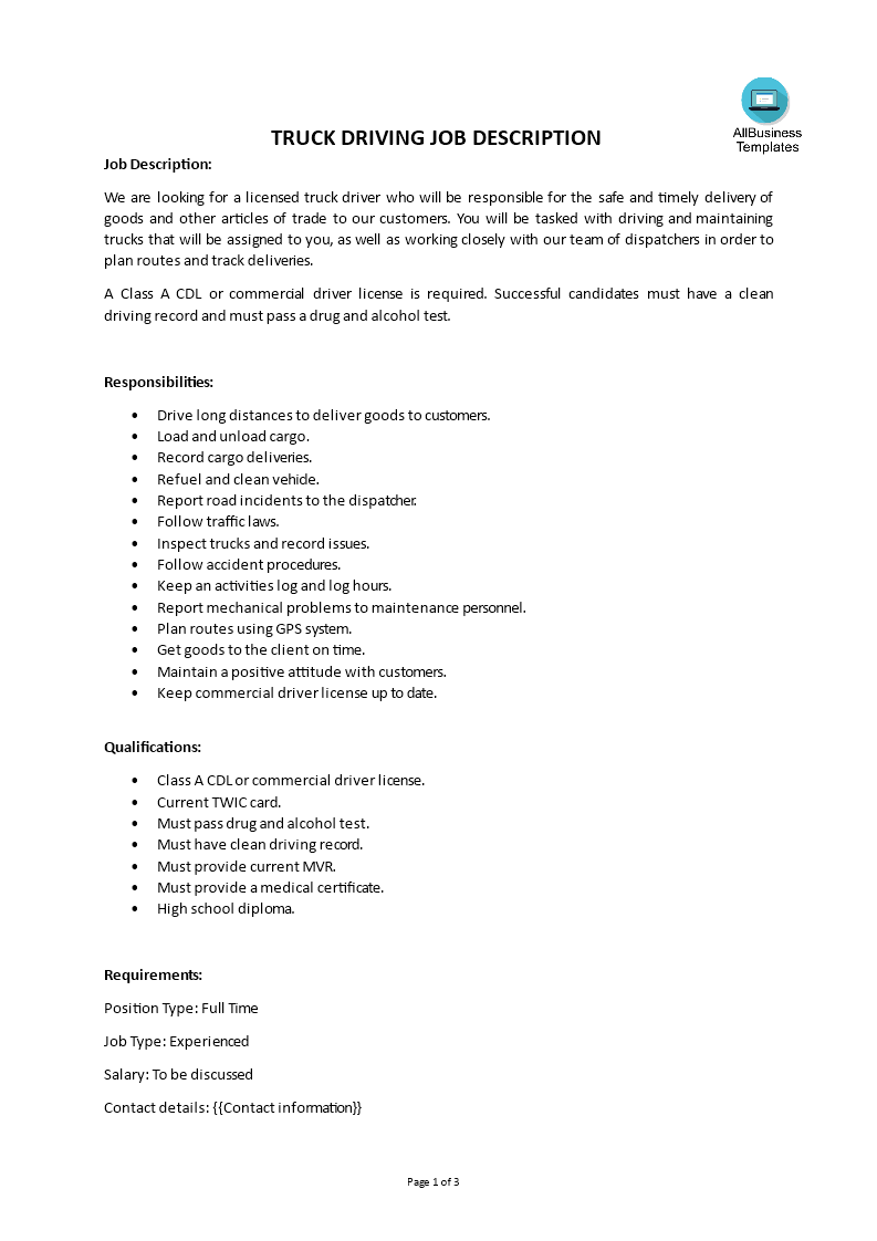 truck driving job description template