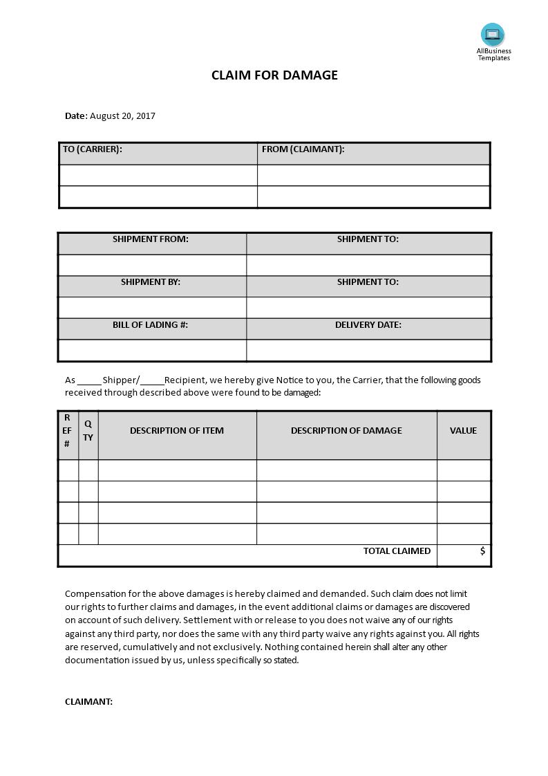 claim for damage template