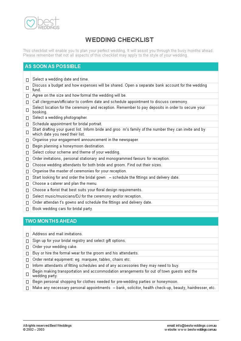 Editable Wedding Checklist Templates at