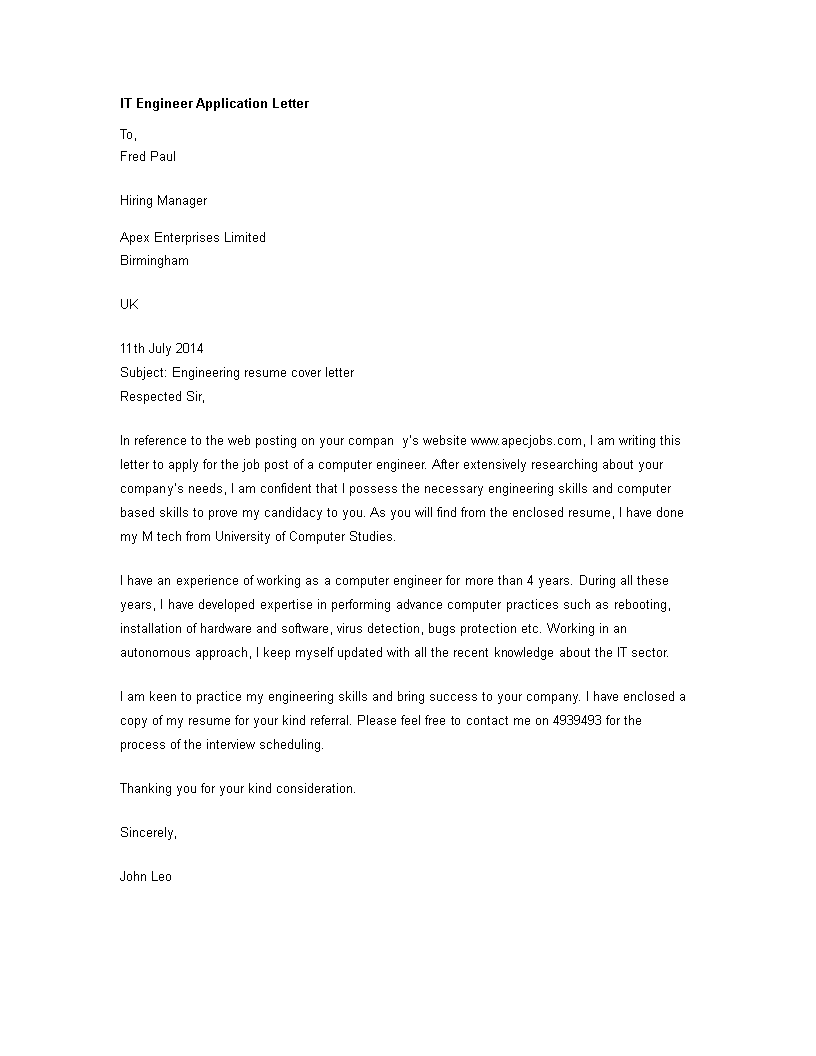 it engineer application letter template