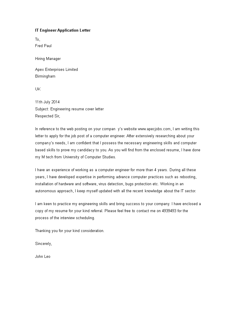 it engineer application letter modèles