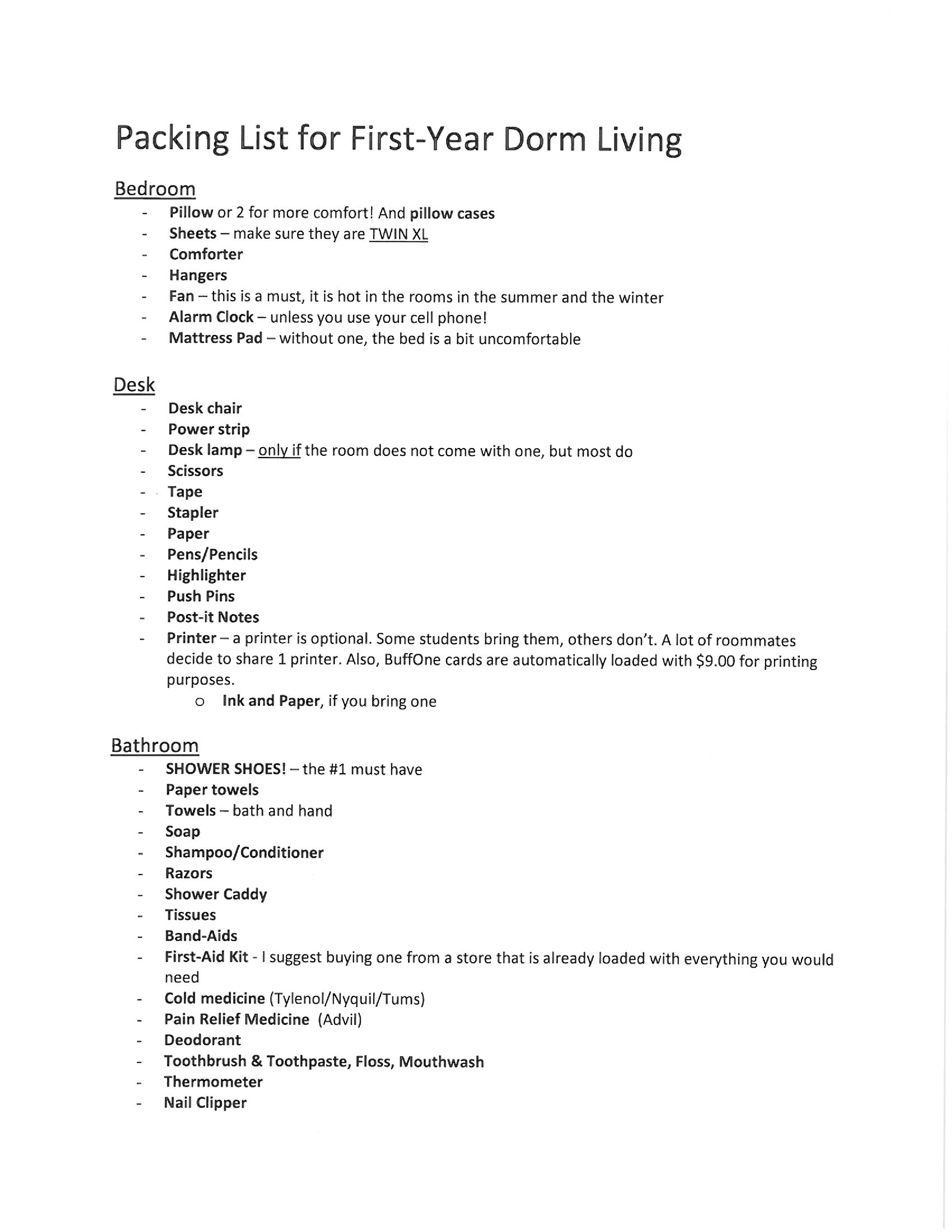 dorm room packing checklist template
