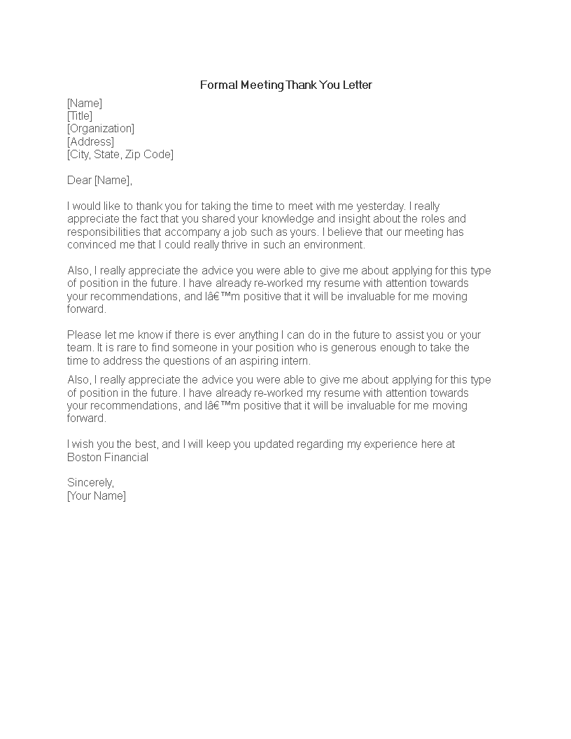 Formal Meeting Thank You Letter template 模板