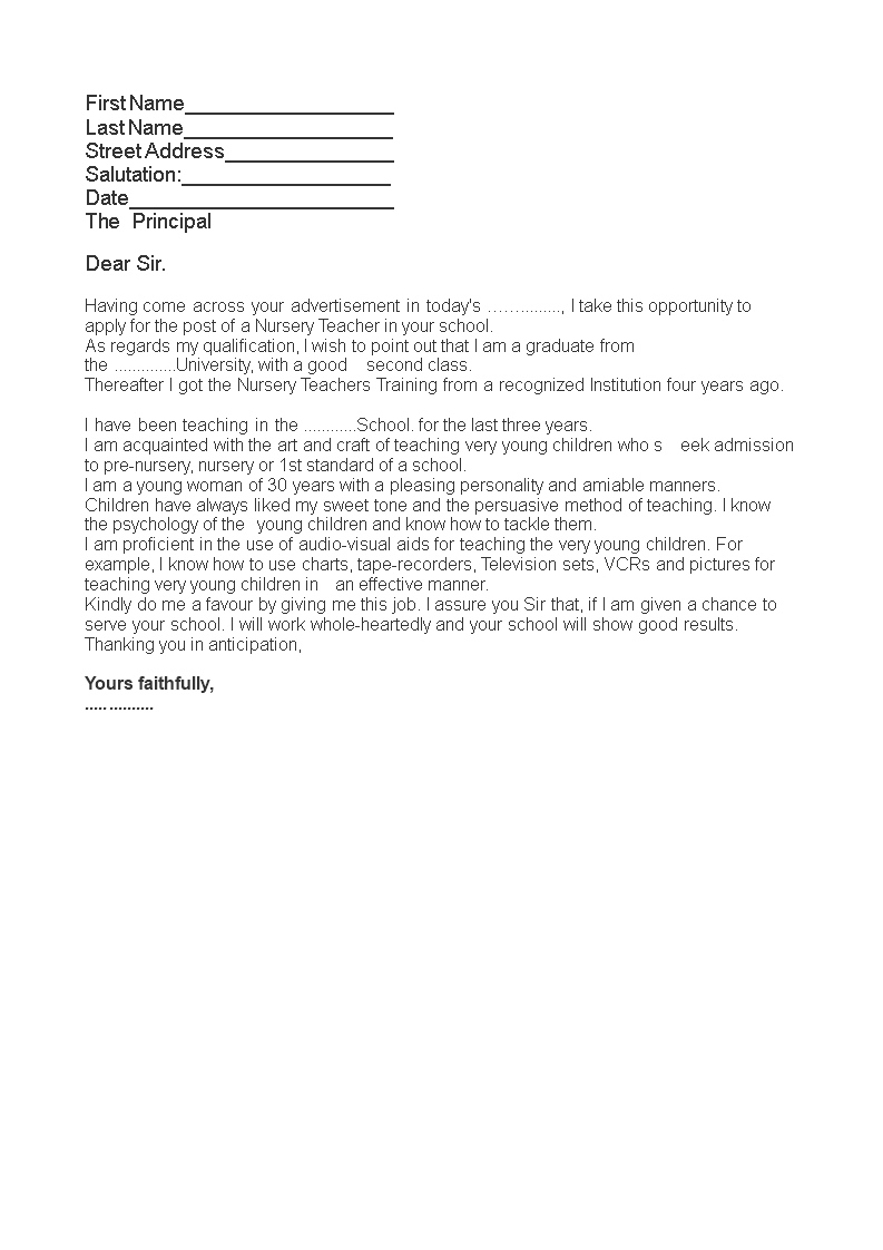 job application letter for nursery teacher plantilla imagen principal