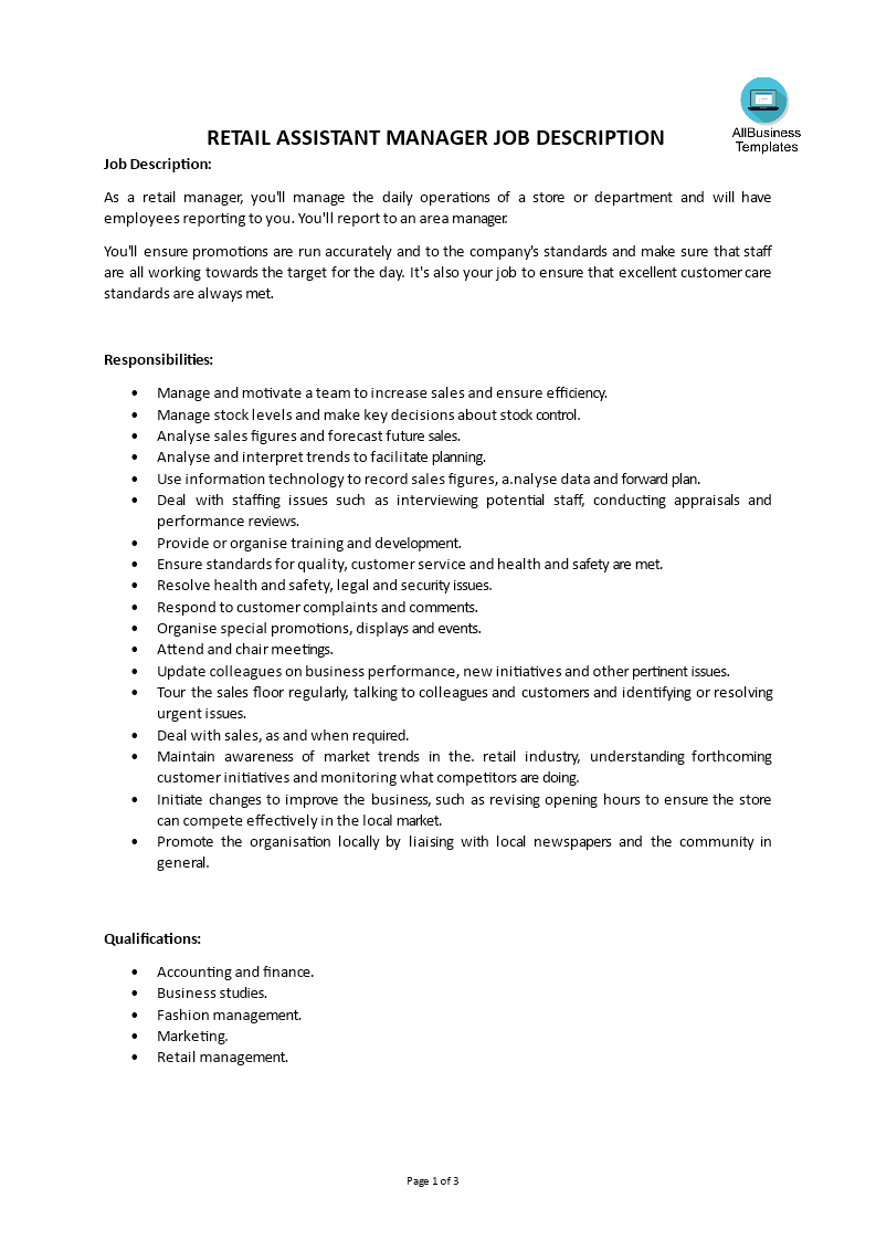 Retail assistant job description template