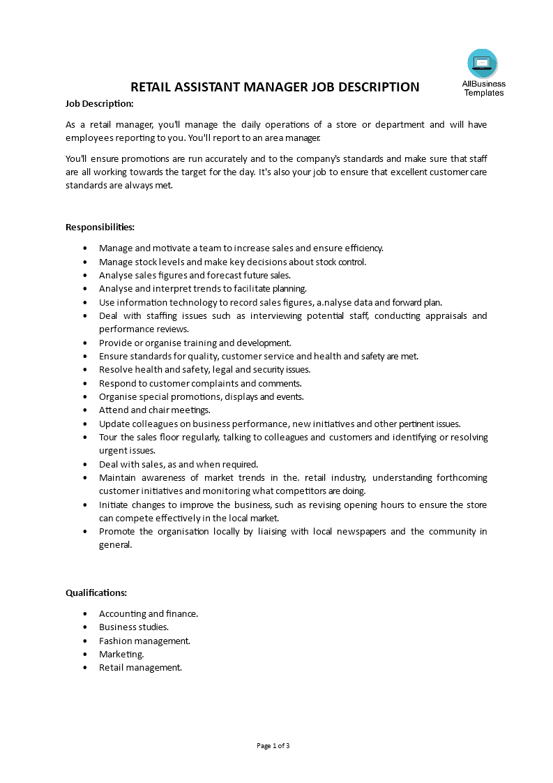 retail assistant manager job description template