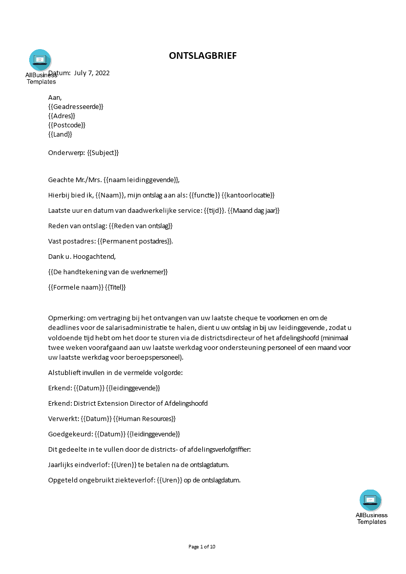 ontslag brief lay-out voorbeeld afbeelding 