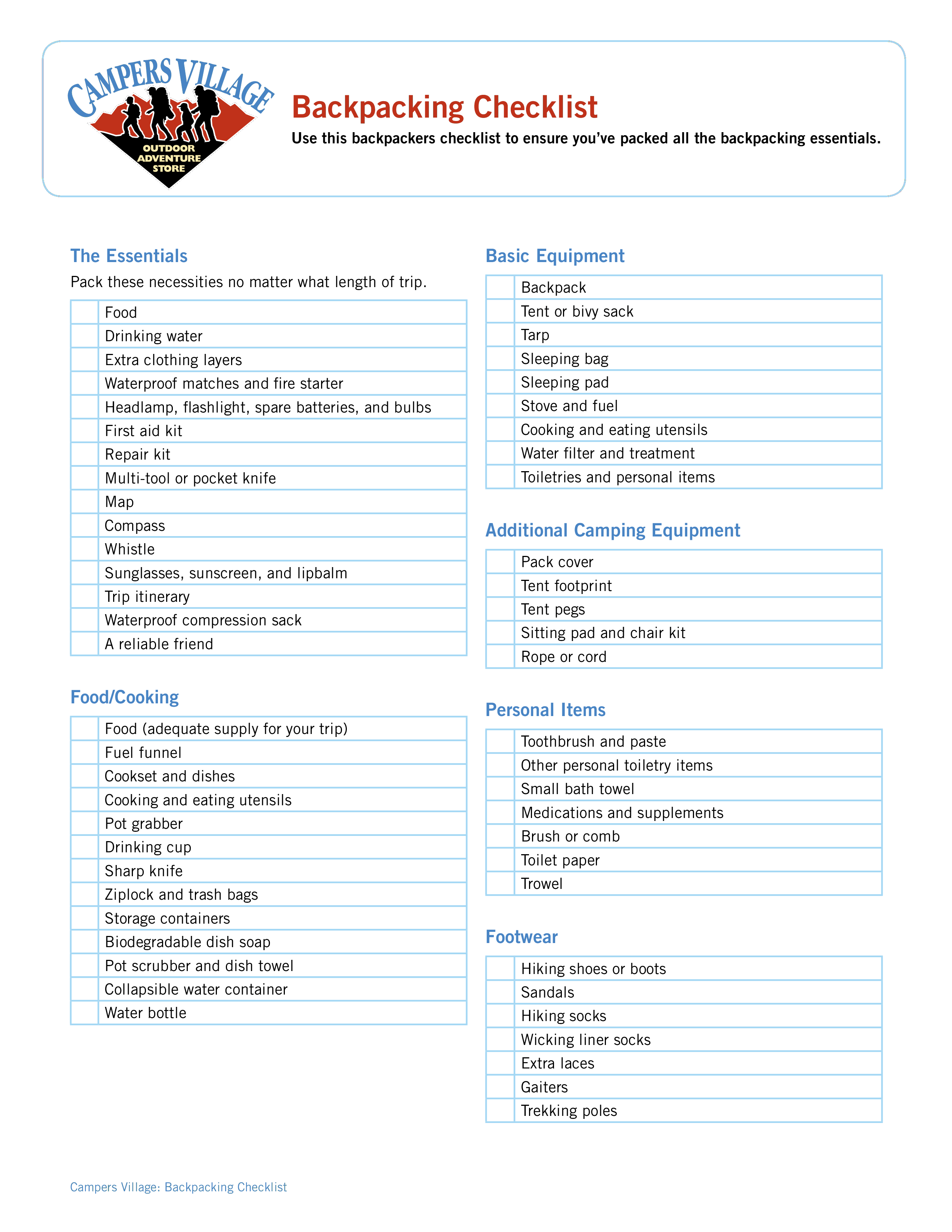 Backpacking Essentials Checklist 模板