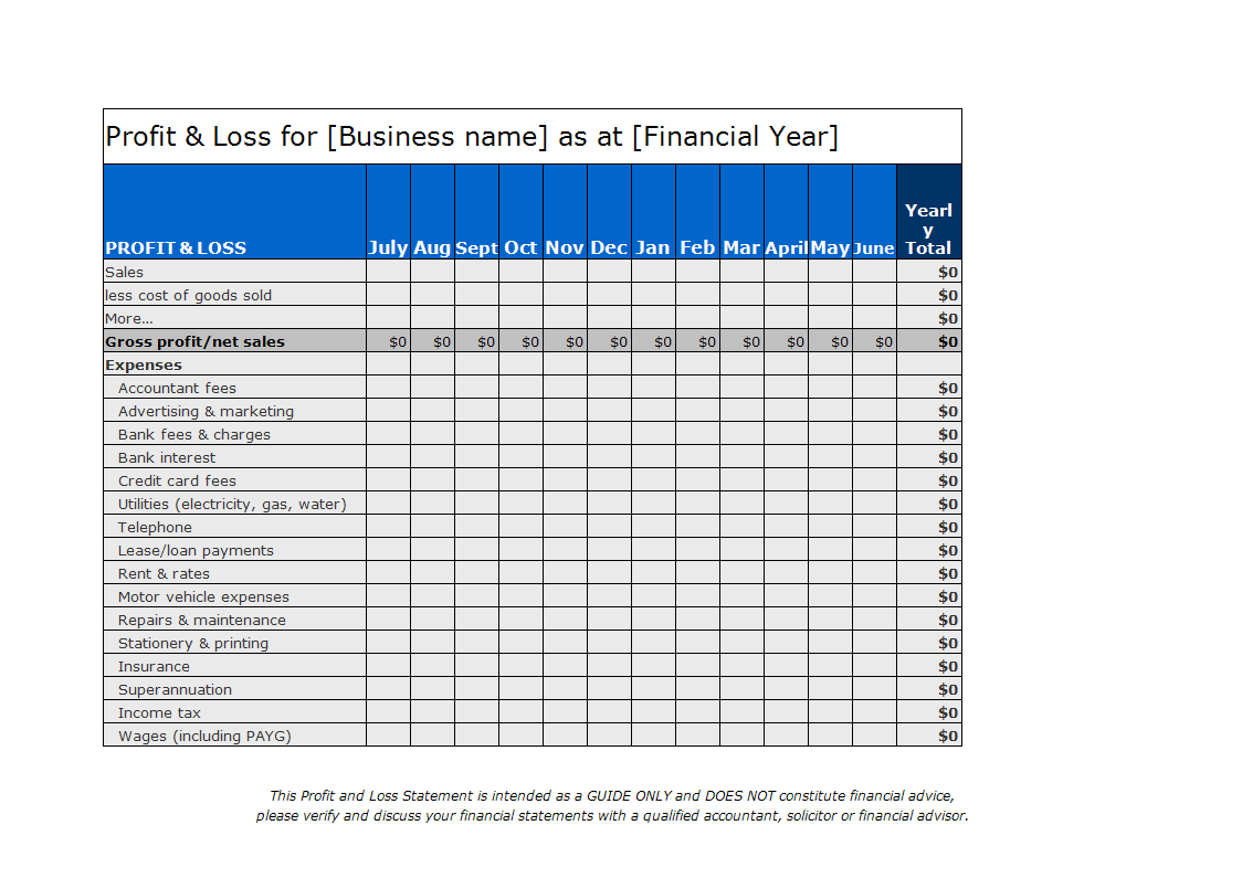 Profit and Loss Statement spreadsheet main image
