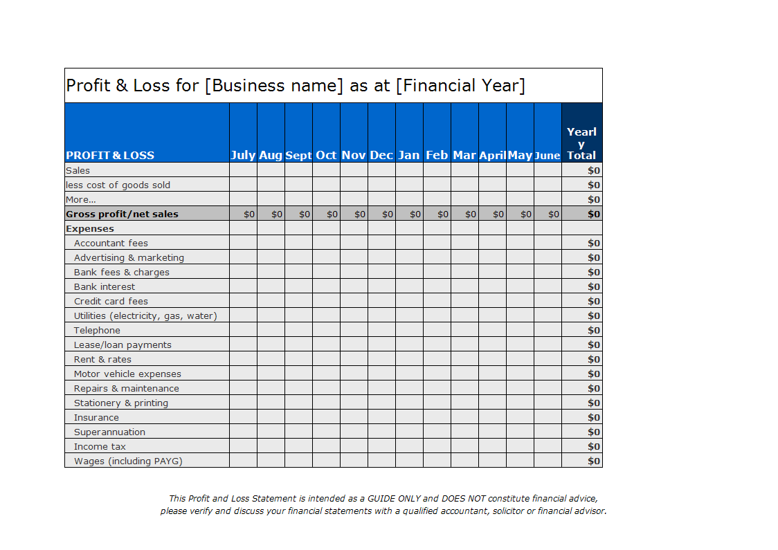 profit and loss statement spreadsheet Hauptschablonenbild