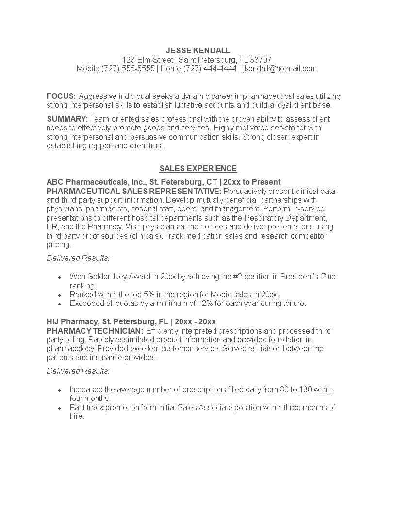 Pharmaceutical Sales Job Resume main image