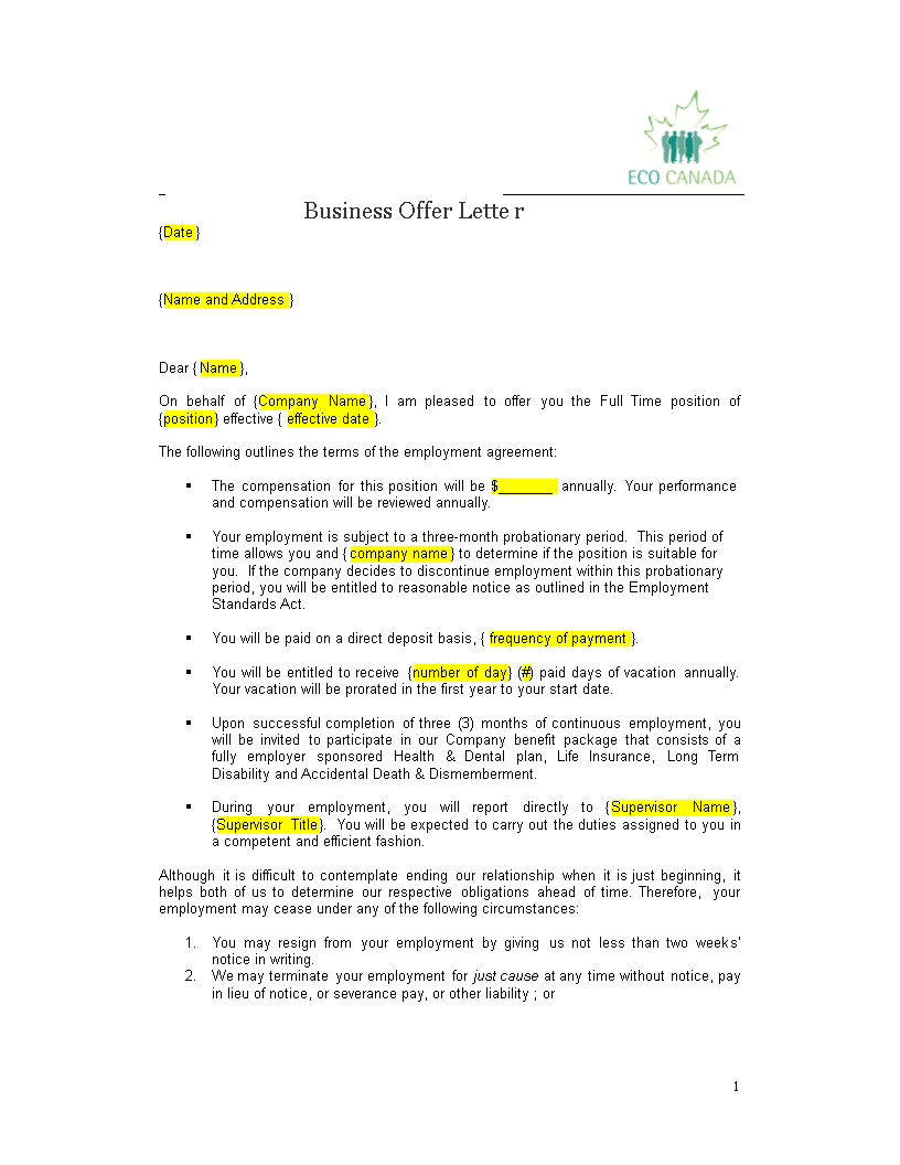 formal business offer letter full time position template