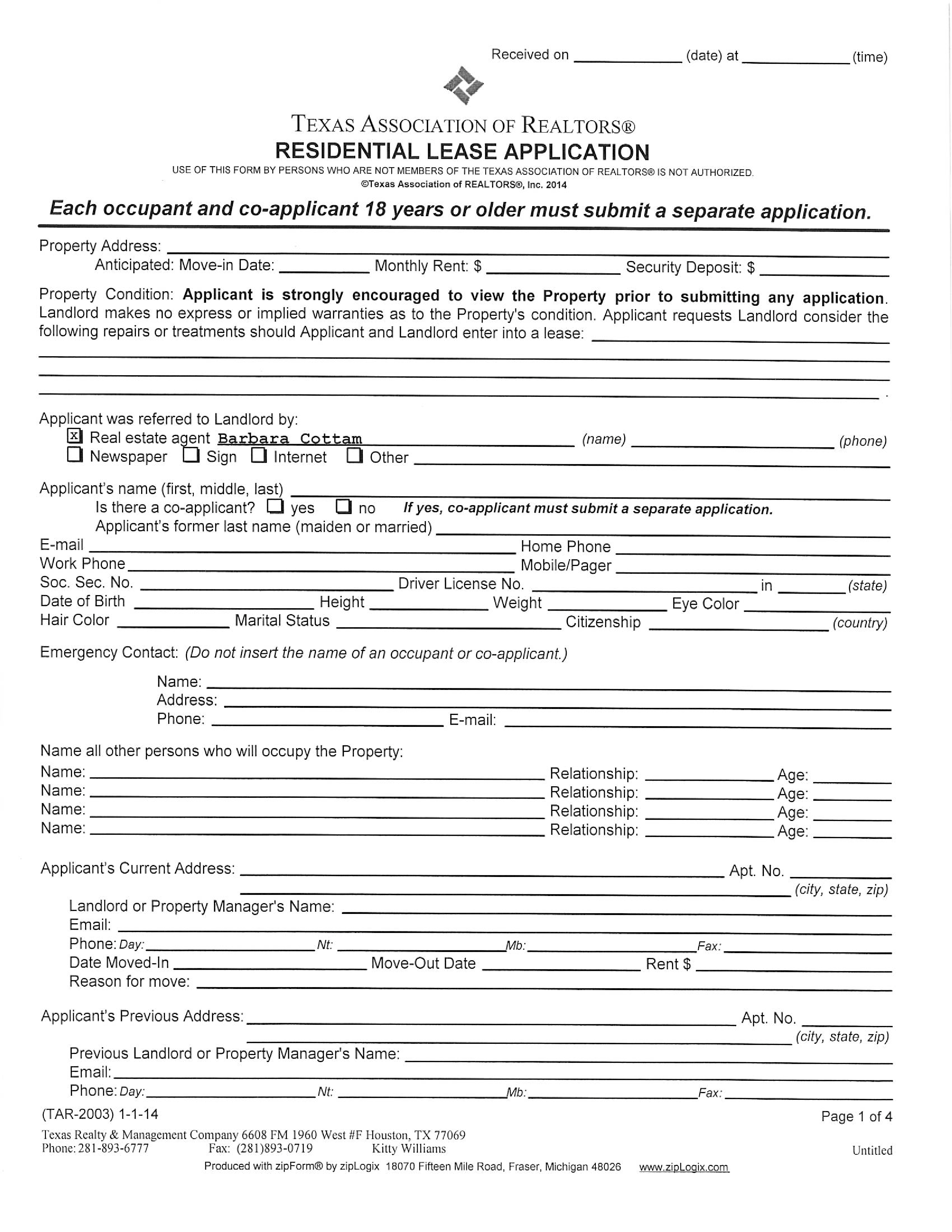 residential lease application form by realtor template