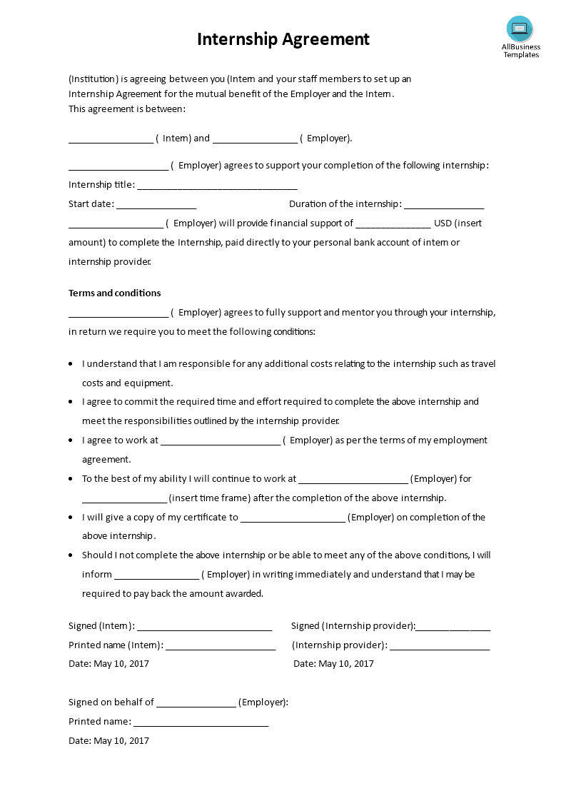 basic internship agreement template template