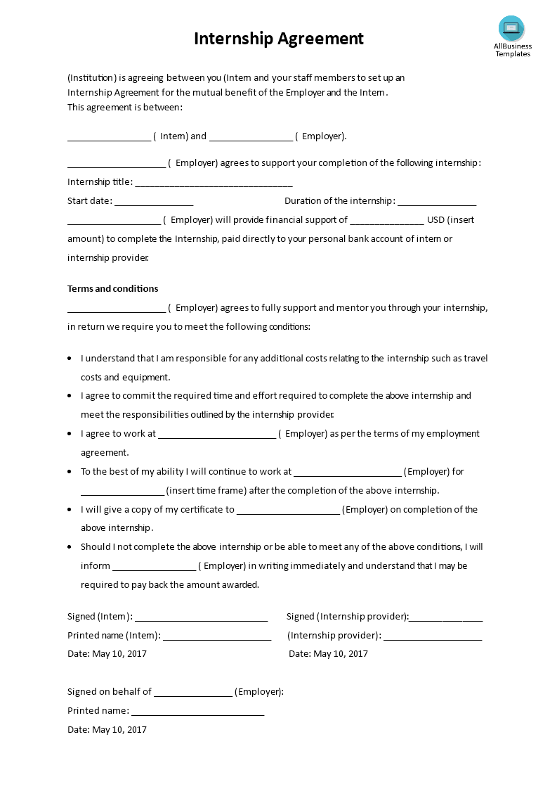Unpaid Internship Agreement Template HQ Printable Documents
