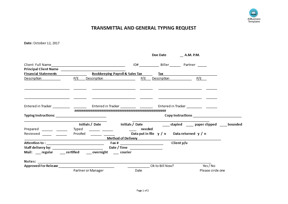 transmittal and typing request form Hauptschablonenbild