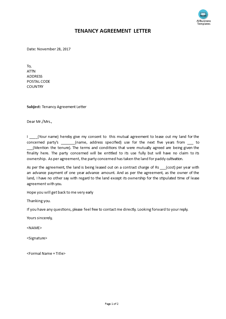 Tenacy Agreement Letter main image