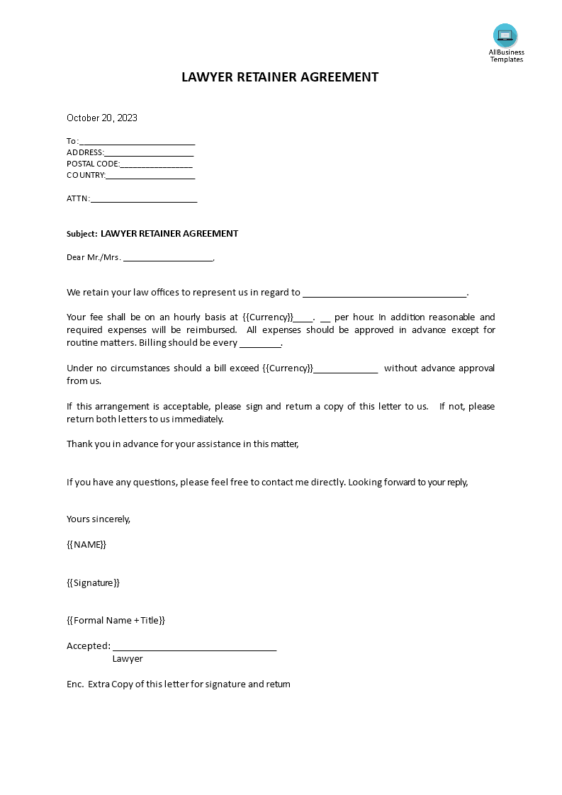 lawyer retainer agreement template