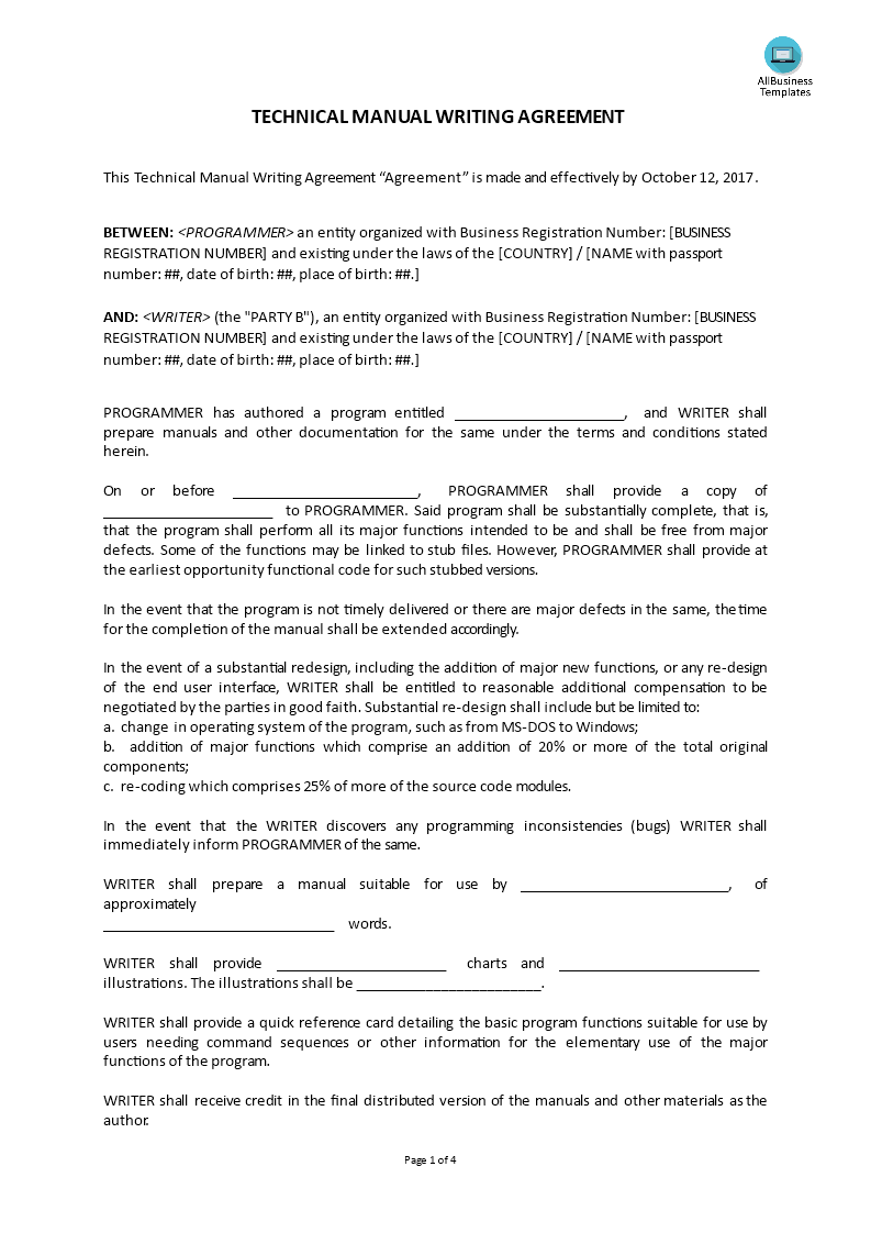 Technical Manual Writing Agreement 模板