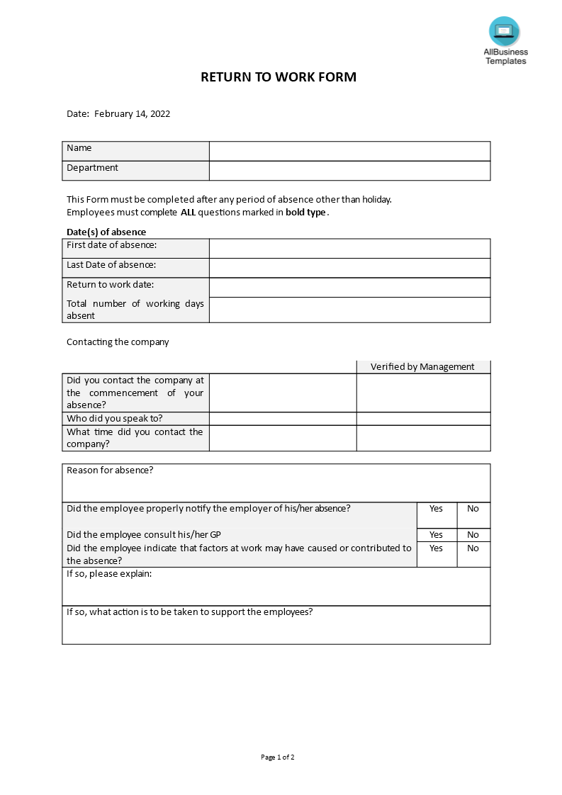 return to work form template
