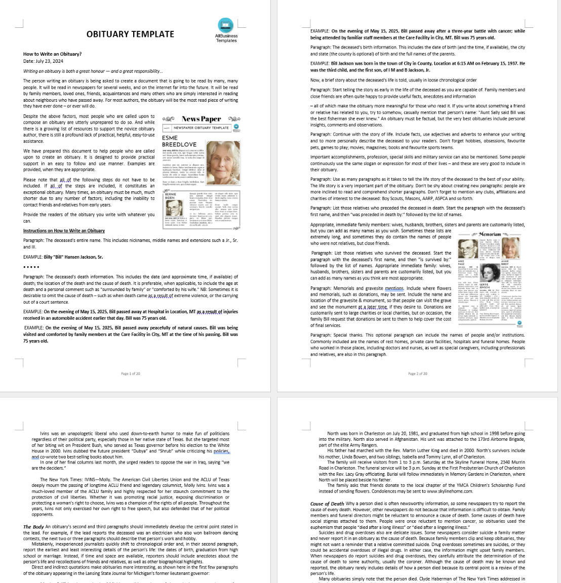 obituary writing modèles
