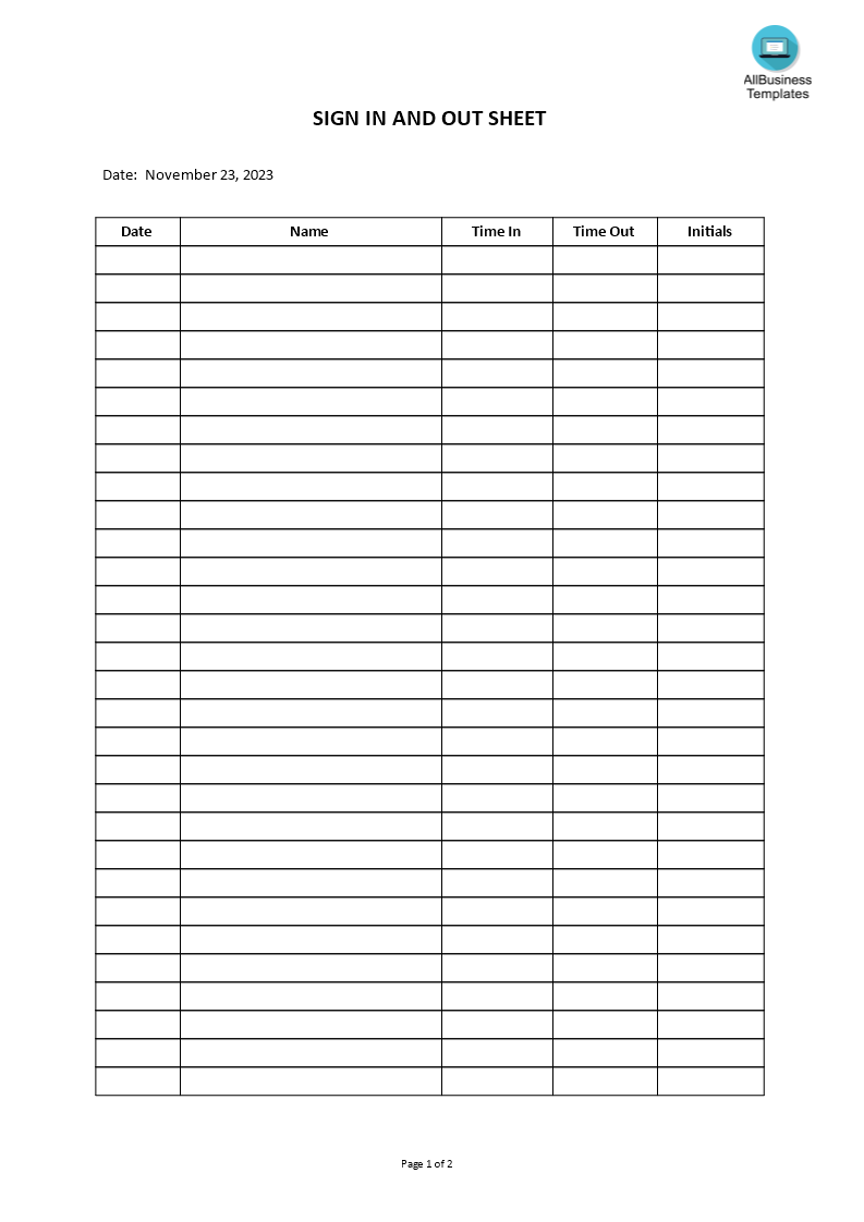 Sign In and Out Sheet 模板