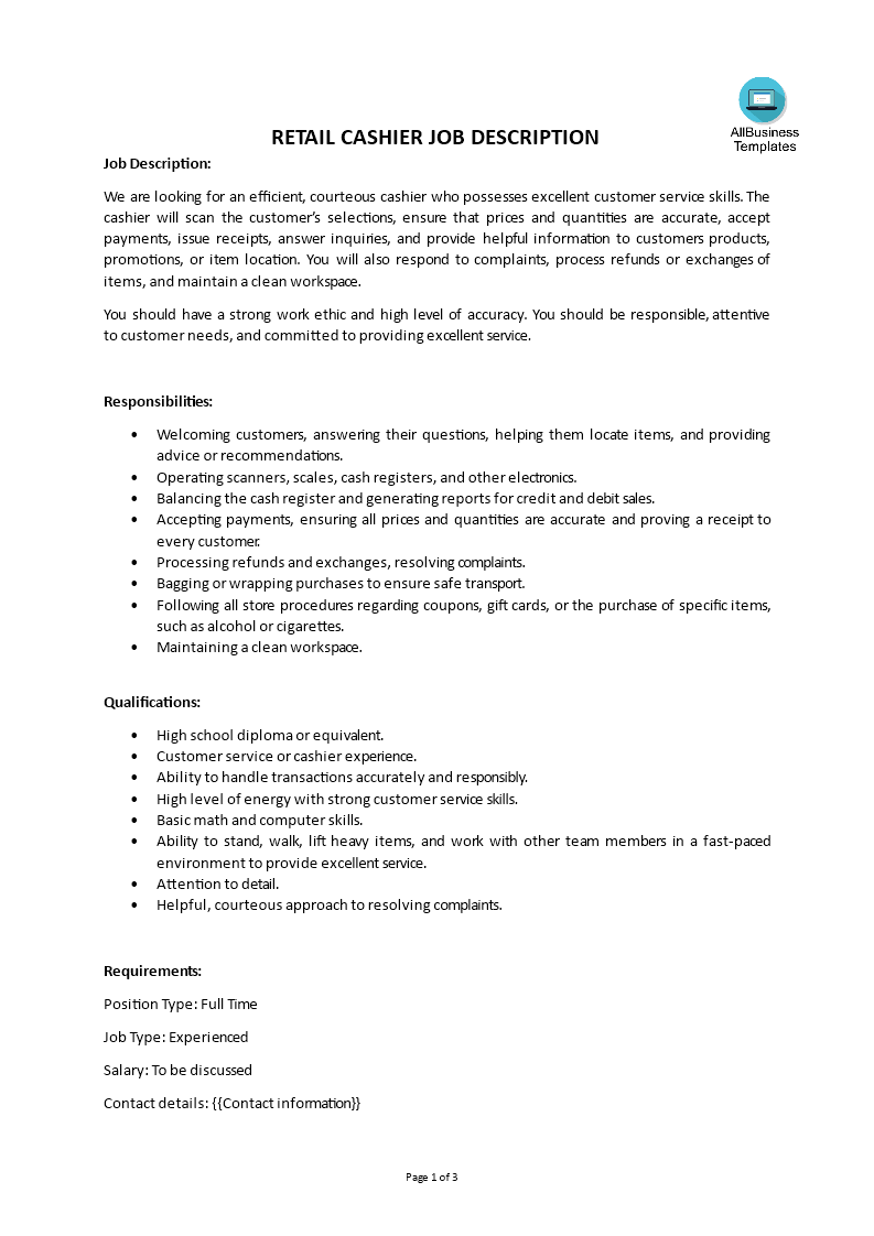 retail cashier job description template