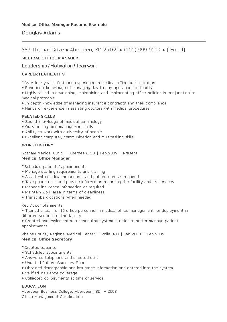 Medical Office Manager Resume 模板