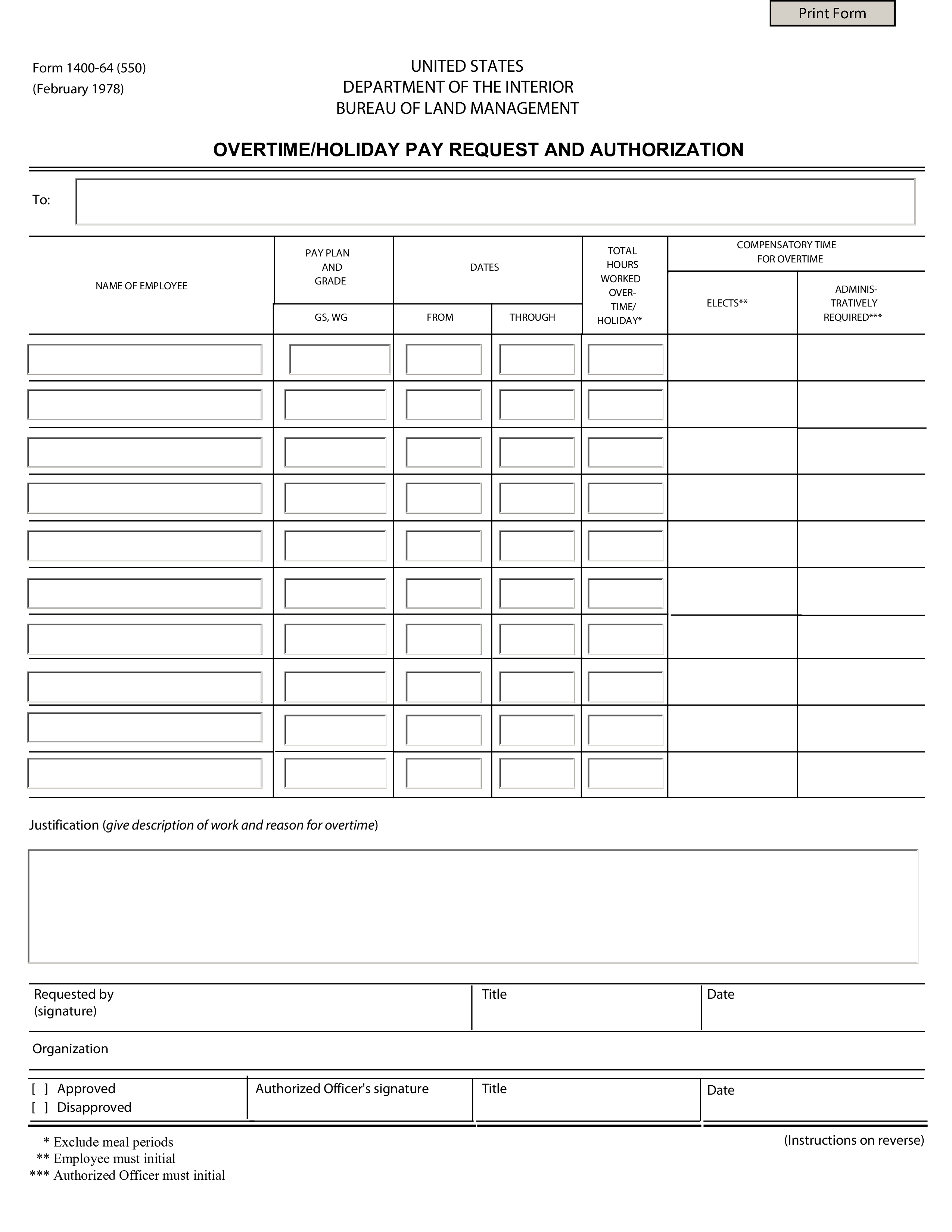 Overtime Pay Request Authorization Form 模板