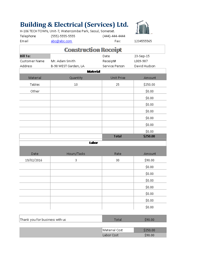 construction receipt template